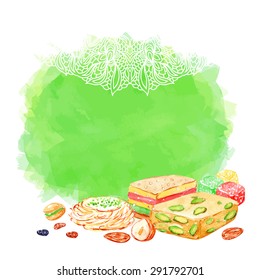 Ramadan Kareem. Vector watercolor illustration. Halal food. Islamic bakery background.   Isolated elements for easy use.