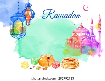 Ramadan Kareem. Vector watercolor illustration. Halal food. Islamic bakery background.  Arabic lantern. Lamps. Mosque. Isolated elements for easy use.