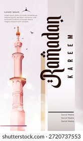Anuncio de Vertical Ramadan Kareem con un detallado minarete de la mezquita con luces suaves y tipografía elegante. Perfecto para celebraciones religiosas islámicas y Plantillas de historias en redes sociales. Fondo de la Vertical Ramadan Kareem