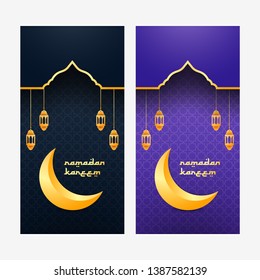 Ramadan Kareem Vertical Banner Set Template with Golden Outline Mosque Silhouette. Arabic Pattern. Golden Crescent Moon. Golden Arabic Lantern.
