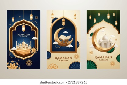 Conjunto de Anuncio de Vertical Ramadan Kareem con mezquita, luna creciente, Corán y linternas doradas - Diseño islámico de redes sociales