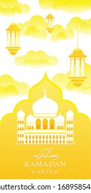 Ramadan Kareem vertical banners with mosque. Vector Illustration for greeting card, poster and voucher. Islamic crescent moon with hanging traditional lanterns