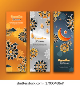Ramadan Kareem vertical banners set with 3d paper cut islamic geometric pattern flower, arabic lantern, clouds, crescent moon and stars. Vector Illustration. Place for text. 
