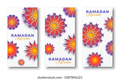 ramadan kareem vertical banners with text and arabic geometric stars. vector illustration for greeting cards, posters, invitations, brochures, vouchers