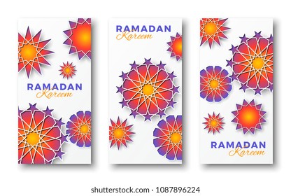 ramadan kareem vertical banners with text and arabic geometric stars. vector illustration for greeting cards, posters, invitations, brochures, vouchers