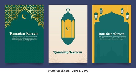Ramadan Kareem vertical design on green color background. Islamic Ramadan theme vector illustrations