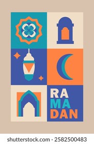 Ramadan Kareem vertical greeting card in blue, teal, orange, beige tones with geometric crescent moon, lantern, mosque arches, Arabic patterns, stars in modern flat bold design style. Eid Mubarak