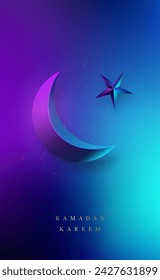 Ramadan Kareem vertical poster. Crescent and star in neon glow. Stock vector illustration.