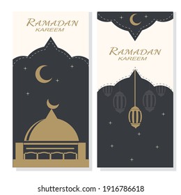 Ramadan Kareem senkrechte Plakate. Konzept arabischer religiöser Feiertage. Hängende Laternen und Moschee auf schwarzem Hintergrund.