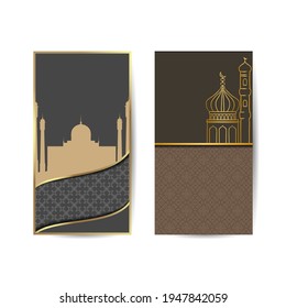 Ramadan Kareem vertical posters. Concept of Arabic religious holidays. Hanging lanterns and mosque on black background. islamic background banner