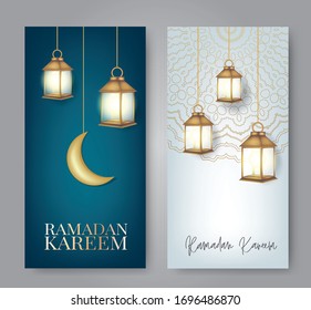 Afiches verticales de Ramadan Kareem. Concepto de fiesta religiosa árabe. Colgando linterna dorada y luna sobre fondo azul. Ilustración vectorial con letras.