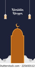 tarjeta de saludo de plantilla vertical ramadan kareem sobre fondo azul oscuro con linternas islámicas y forma de cúpula de mezquita con luna creciente