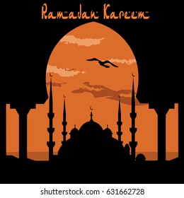 Ramadan Kareem. View from the arch on the blue mosque. Bird, the clouds. Vector illustration