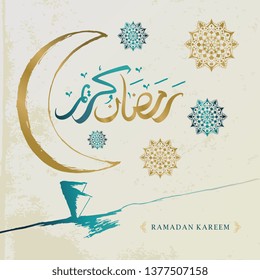 Ramadan kareem vintage design with moon and mandala hand drawn on grunge background