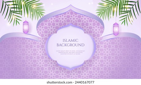 Ramadan kareem vintage and elegant background. With light purple gradient, fanoos, lantern, the star and crescent moon symbol, tropical palm leaves.