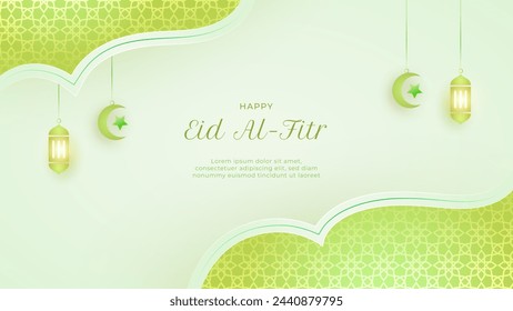 Ramadan kareem vintage and elegant background. With lime green gradient, fanoos, lantern, the star and crescent moon symbol, tropical palm leaves.