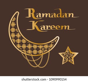 Ramadan Kareem visual sightings of crescent moon and star, internationally-recognized symbol of Islam decorated by ornamental trinket vector poster