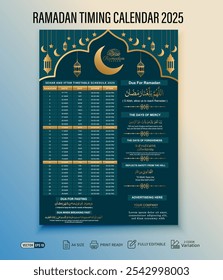 Ramadan Kareem Wall Calendar 2025 with Sehri Iftar Timetable Schedule. Islamic Calendar Design with Sehar and Iftar Dua. Ideal for Prayer and Fasting Times During the Holy Month. Vector Eps 10.