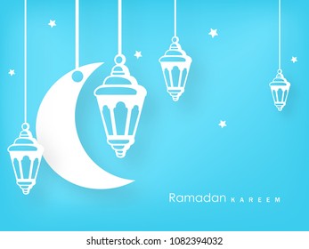 Ramadan Kareem Wallpaper Design with Hanging Lanterns and Moon.