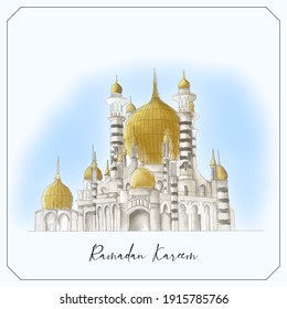 Ramadan kareem watercolor card design. Vector illustration of a digital handpainted mosque with Ramadan Kareem text on white background.