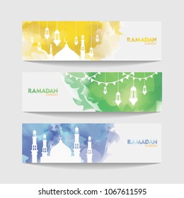 Ramadan Kareem Watercolor Design. Colorful Cloud Ramadan Celebration Banner, Vector Illustration for greeting card, poster and voucher.