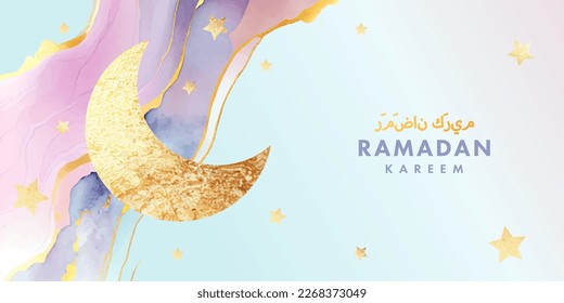 Ramadan Kareem watercolor horizontal poster, card, holiday cover. Arabic text translation Ramadan Kareem. Modern beautiful design template in pastel colors with golden crescent and stars in the sky.