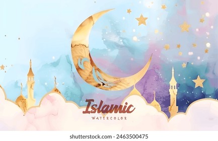 Ramadan Kareem watercolor horizontal poster, card, holiday cover. Arabic text translation Ramadan Kareem. Modern beautiful design template in pastel colors with golden crescent and stars in the sky.