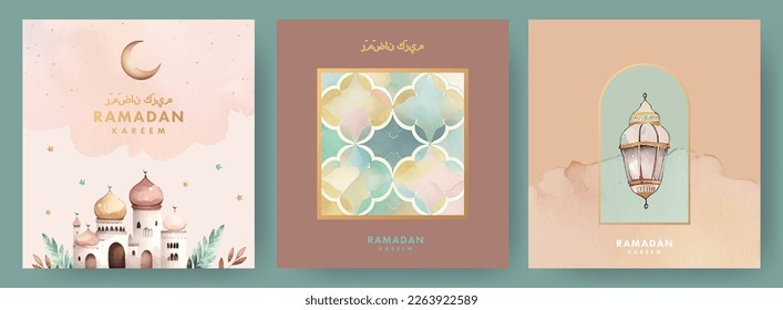 Ramadan Kareem watercolor Set of posters, cards, holiday covers. Arabic text translation Ramadan Kareem. Modern beautiful design in pastel colors with mosque, crescent, stars in the sky, arches window