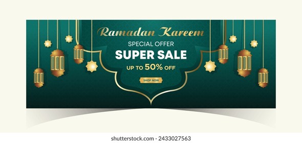Ramadan Kareem Web Background Super Sale Banner with Podium for Display of product. Ramadan Mega Big Sale Promotion Poster and Social Media Post. Islamic Special Offer Promotion Banner Design Template