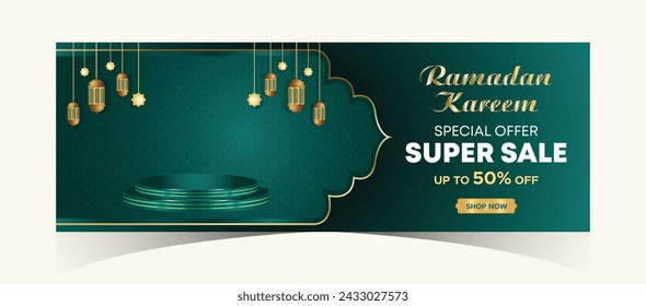 Ramadan Kareem Web Background Super Sale Banner with Podium for Display of product. Ramadan Mega Big Sale Promotion Poster and Social Media Post. Islamic Special Offer Promotion Banner Design Template