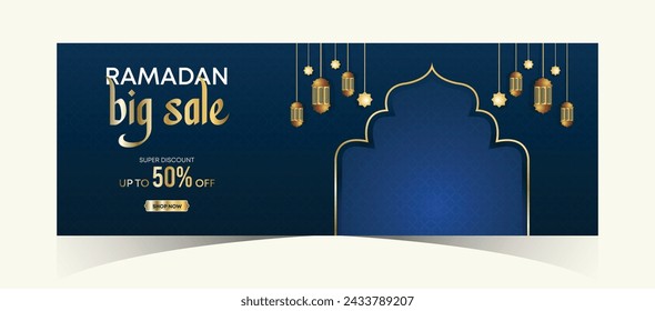 Ramadan Kareem Web Background Banner de superventa con podio para la exhibición del producto. Afiche promocional de Ramadán Mega Big Sale y publicación en medios sociales. Plantilla de diseño de banner de promoción de oferta especial islámica