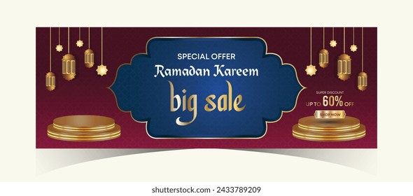 Ramadan Kareem Web Background Banner de superventa con podio para la exhibición del producto. Afiche promocional de Ramadán Mega Big Sale y publicación en medios sociales. Plantilla de diseño de banner de promoción de oferta especial islámica
