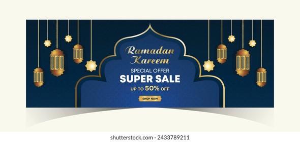 Ramadan Kareem Web Background Super Sale Banner with Podium for Display of product. Ramadan Mega Big Sale Promotion Poster and Social Media Post. Islamic Special Offer Promotion Banner Design Template