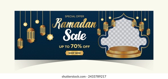 Ramadan Kareem Web Background Super Sale Banner with Podium for Display of product. Ramadan Mega Big Sale Promotion Poster and Social Media Post. Islamic Special Offer Promotion Banner Design Template