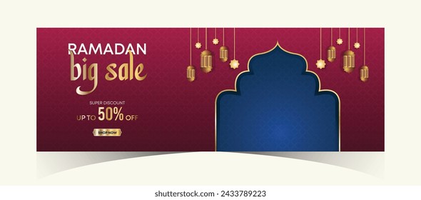 Ramadan Kareem Web Background Banner de superventa con podio para la exhibición del producto. Afiche promocional de Ramadán Mega Big Sale y publicación en medios sociales. Plantilla de diseño de banner de promoción de oferta especial islámica