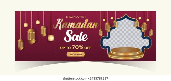 Ramadan Kareem Web Hintergrund Super Sale Banner mit Podium für die Anzeige von Produkt. Ramadan Mega Big Sale Promotion Poster und Social Media Post. Islamische Sonderangebot-Werbebanner-Design-Vorlage