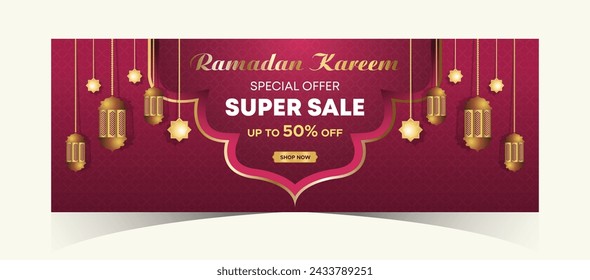 Ramadan Kareem Web Background Super Sale Banner with Podium for Display of product. Ramadan Mega Big Sale Promotion Poster and Social Media Post. Islamic Special Offer Promotion Banner Design Template