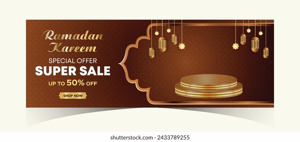 Ramadan Kareem Web Background Super Sale Banner with Podium for Display of product. Ramadan Mega Big Sale Promotion Poster and Social Media Post. Islamic Special Offer Promotion Banner Design Template