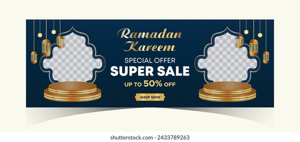 Ramadan Kareem Web Background Super Sale Banner with Podium for Display of product. Ramadan Mega Big Sale Promotion Poster and Social Media Post. Islamic Special Offer Promotion Banner Design Template