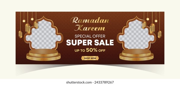 Ramadan Kareem Web Hintergrund Super Sale Banner mit Podium für die Anzeige von Produkt. Ramadan Mega Big Sale Promotion Poster und Social Media Post. Islamische Sonderangebot-Werbebanner-Design-Vorlage