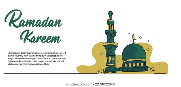Ramadan Kareem Web Banner. Mosque doodle design concept. Vector illustration in modern flat style in continuous line style.