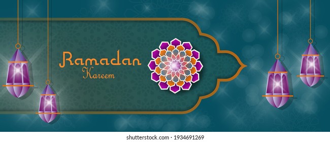 ramadan kareem, web header or banner design with elements using paper cut style design and lanterns arabic shining lamps 