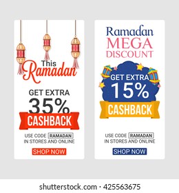 Ramadan Kareem Web Sale Banners, Mega Discount, Get Extra 35% and 15% Cashback, Vector Sale Illustration.