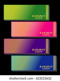 Ramadan kareem website headers. pink, blue, purple and green background with gold islamic geometric pattern