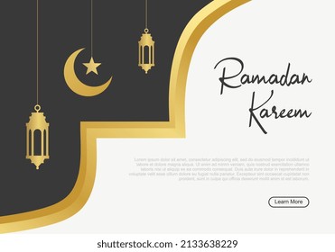 Ramadan kareem website landing page background with moon, star and lanterns