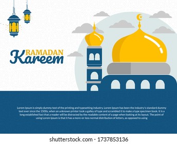 Ramadan kareem with a white and blue background juxtaposed with a yellow or golden domed mosque, Perfect for Islamic content.