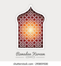 Ramadan Kareem White Mosque window Geometric Pattern. Vector 3D Muslim Paper Graphics. Arabic Islamic pattern arch frame