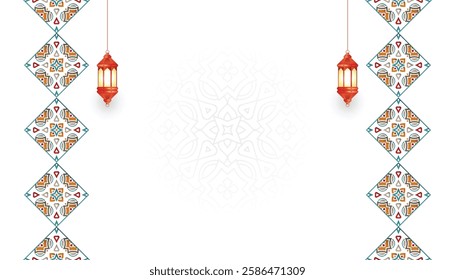 Ramadan Kareem white template. Islamic Eid al-Fitr Mubarak banner background with colorful ornaments. Translation: "Fasting month of Muslims".