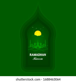 Ramadan Kareem with window illustration on the mosque with a view of a mosque above the clouds with a dim atmosphere accompanied by birds.