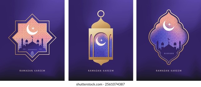 Ramadan Kareem window and lantern backgrounds. Modern Islamic greeting card template and wallpaper design. Poster and social media banner vector illustration